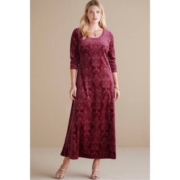 NWT Soft Surroundings Santiago Embossed Velvet Dress in Maroon Size Medium - Picture 1 of 5